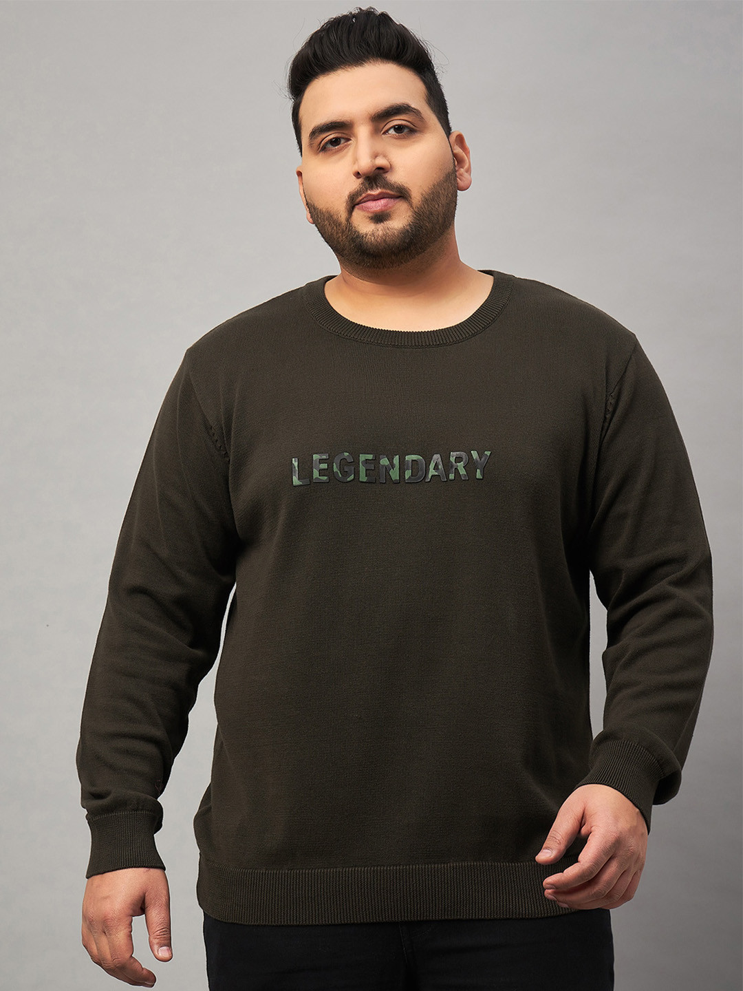 Club York Plus Size Typography Printed Long Sleeves Acrylic Pullover Sweater