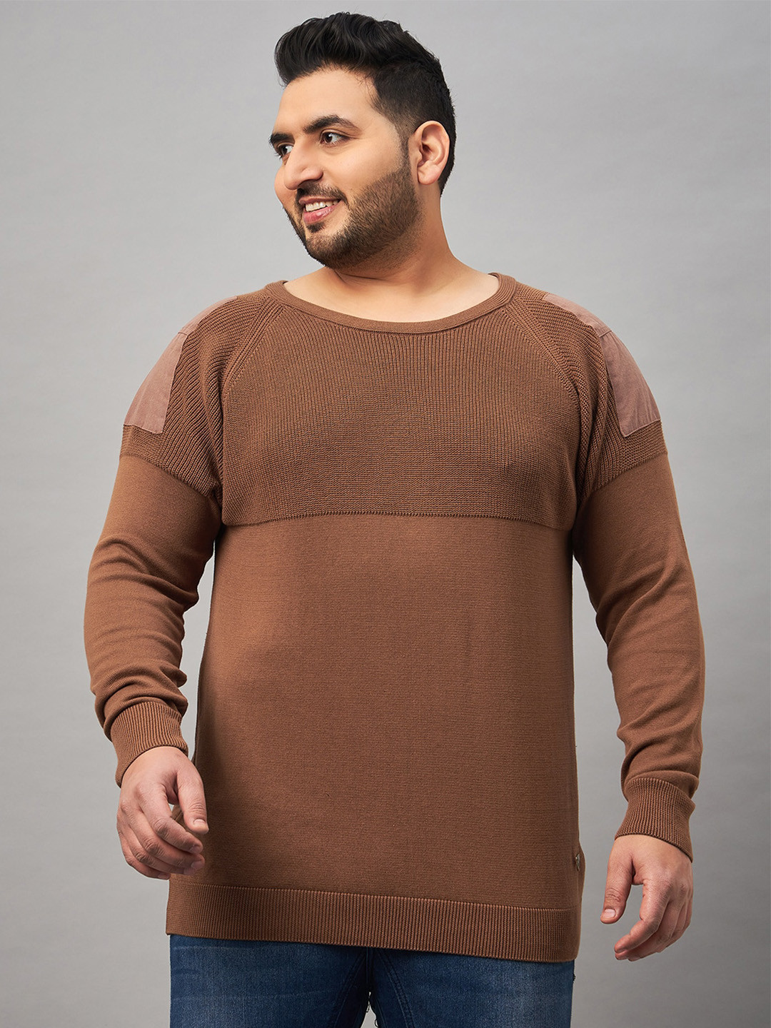 Club York Plus Size Colourblocked Long Sleeves Acrylic Pullover Sweater