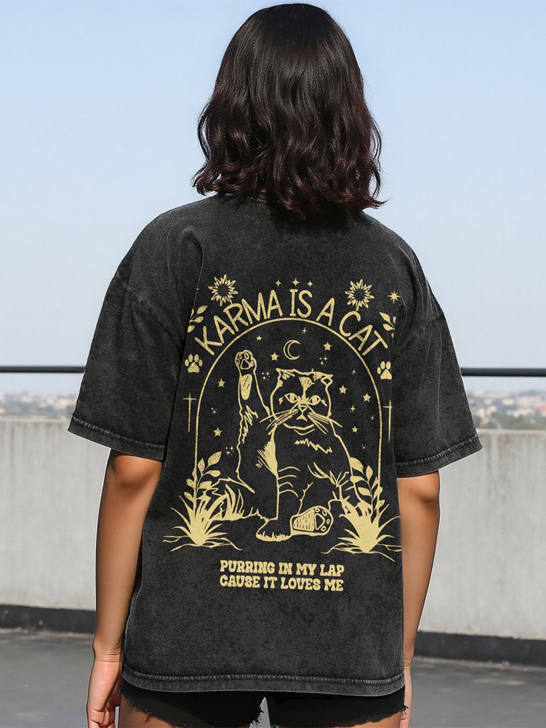 Bewakoof Karma is a Cat Graphic Printed Drop-Shoulder Sleeves Oversized Cotton T-shirt