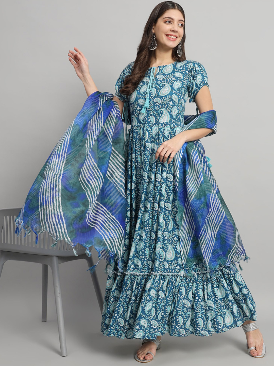 Gujari Ethnic Motifs Printed Gathered Detailed Maxi Ethnic Dress With Dupatta