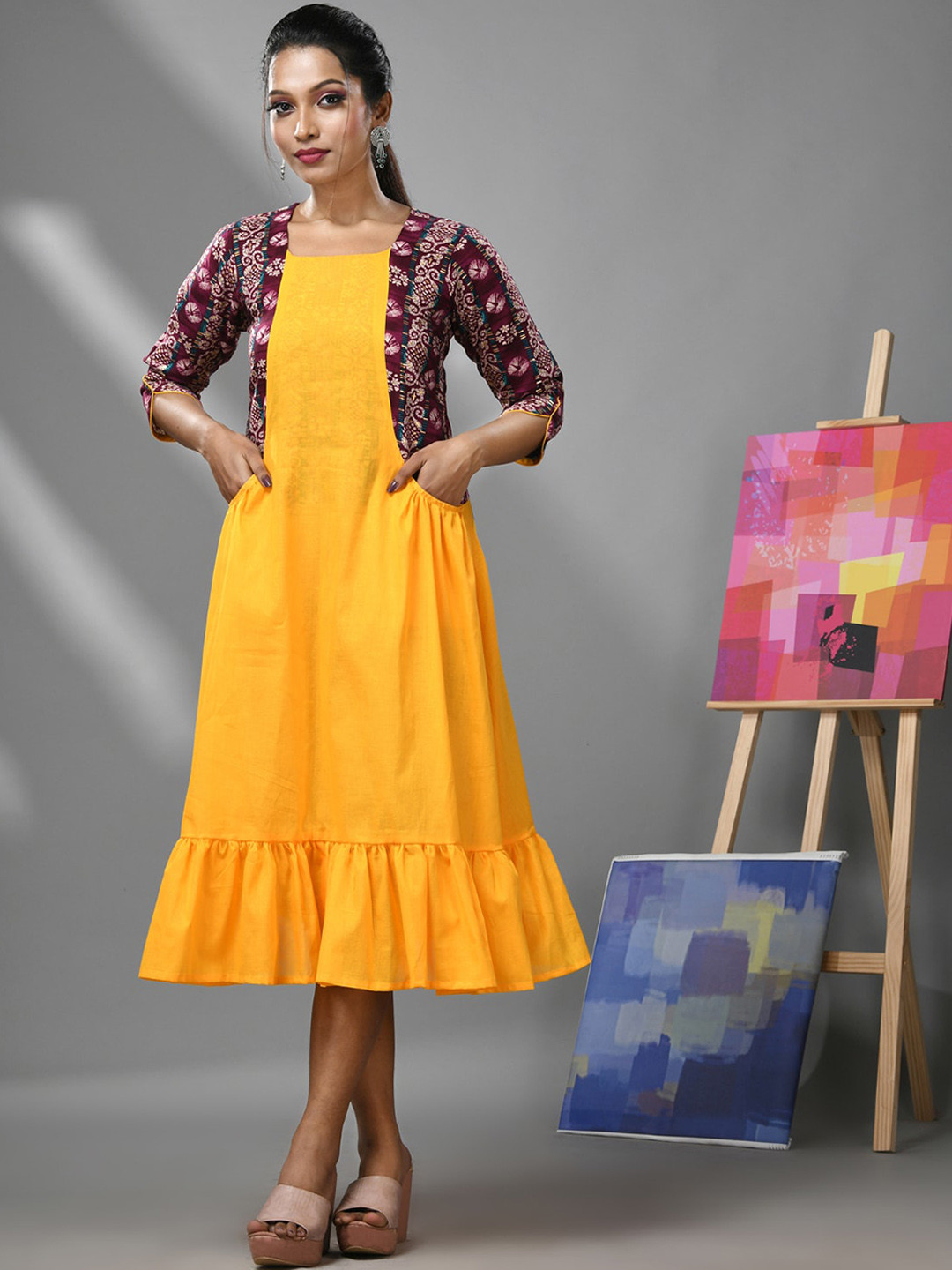 Charukriti Square Neck Knee Length Cotton A-Line Dress With Pockets