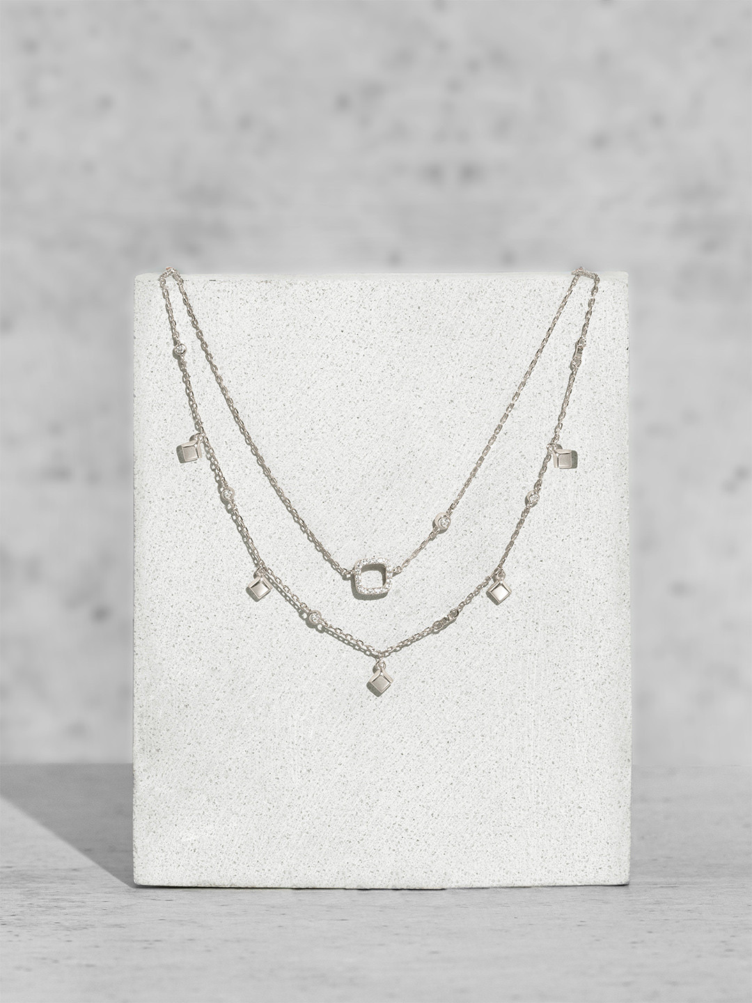 ORIONZ Sterling Silver Cubic Zirconia Studded Square Shaped Layered Necklace