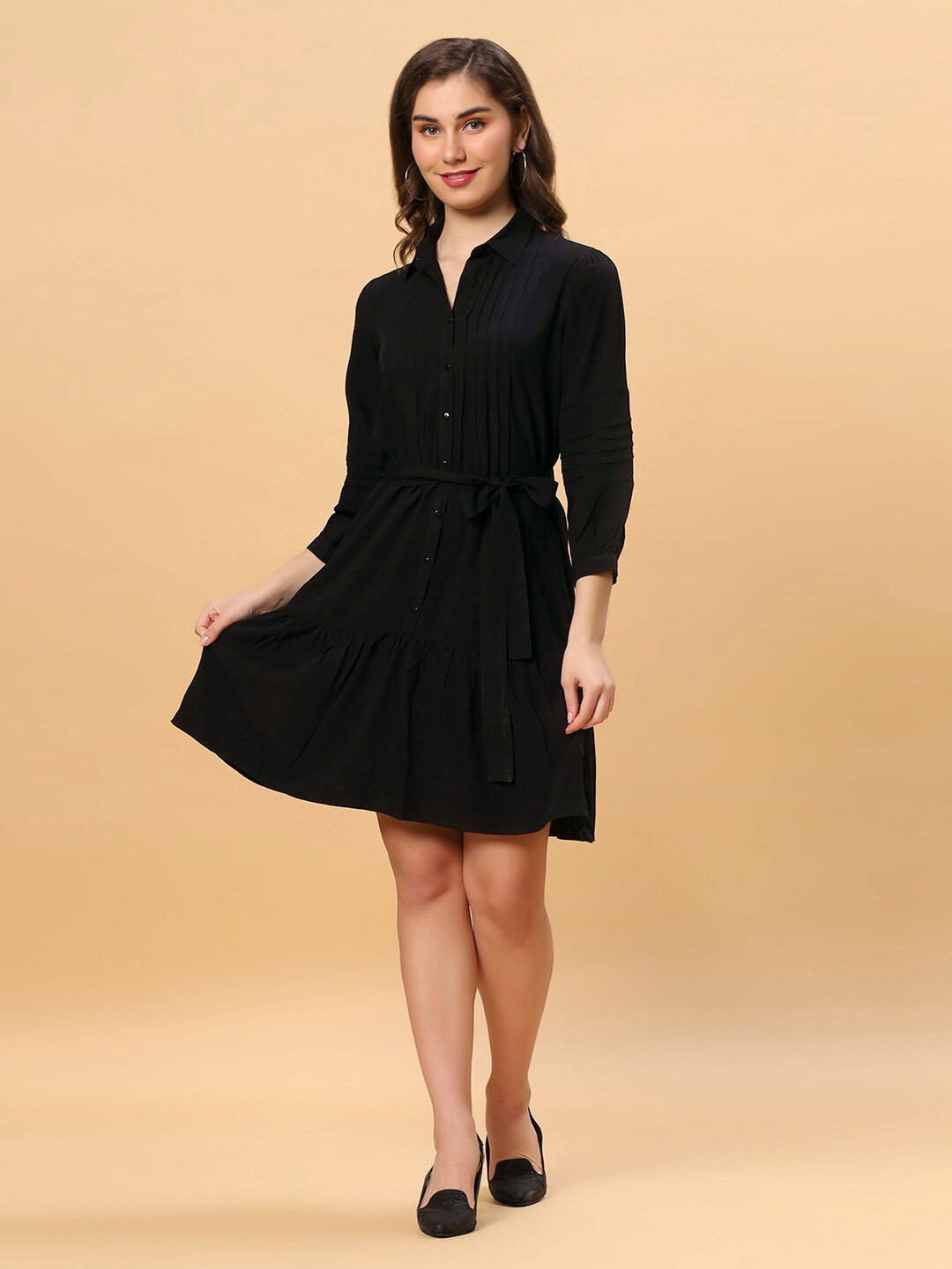DressBerry Black Shirt Collar Opaque Casual Dress