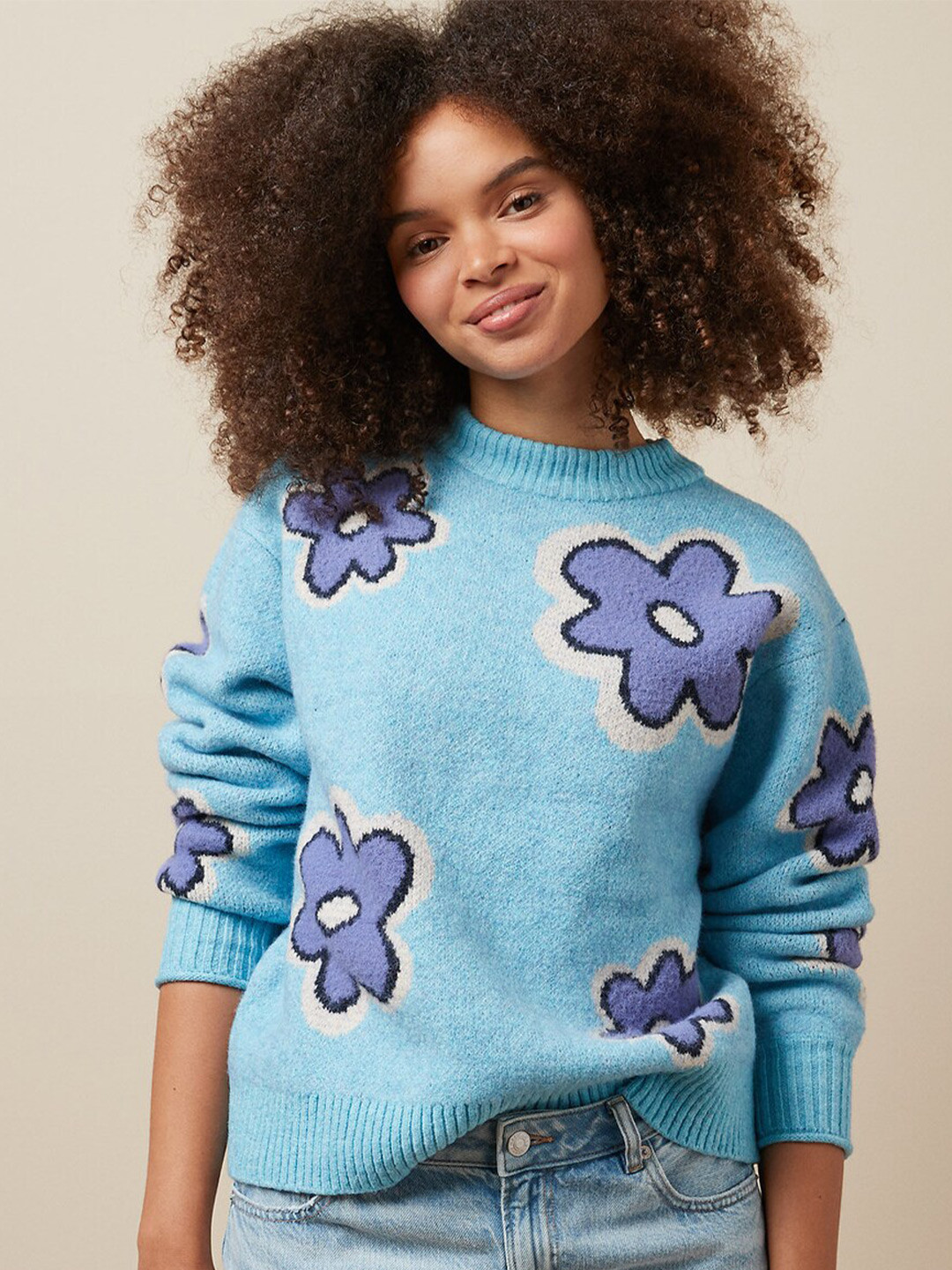 AMERICAN EAGLE OUTFITTERS Floral Printed Round Neck Log Sleeves Pullover Sweater