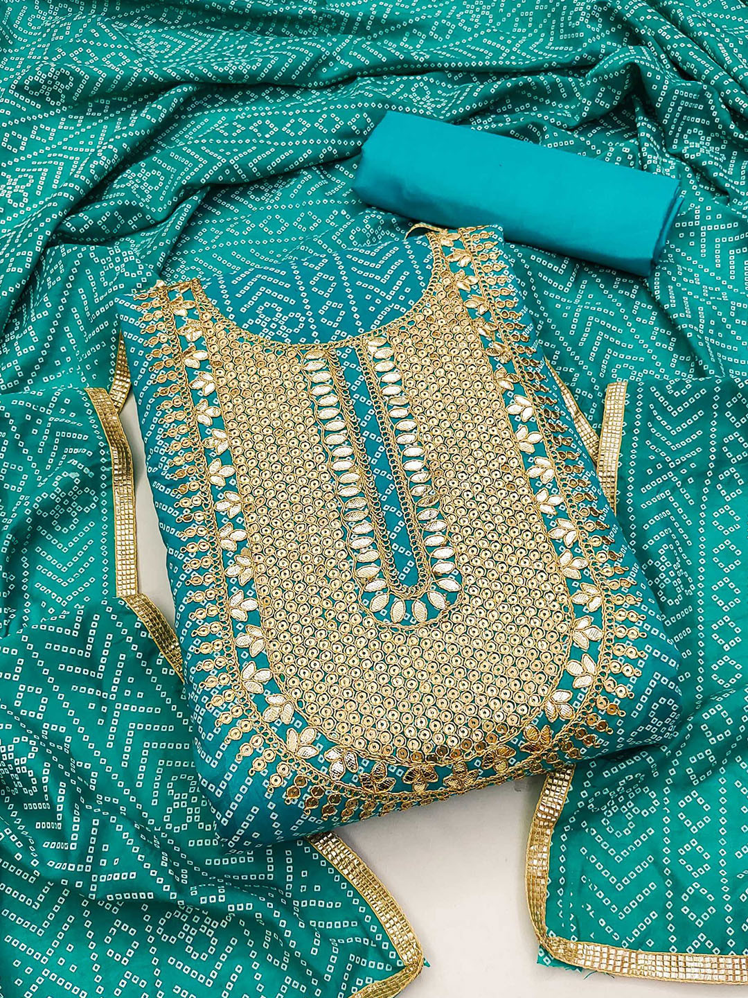 KALINI Bandhani Printed Sequined Chanderi Silk Unstitched Dress Material
