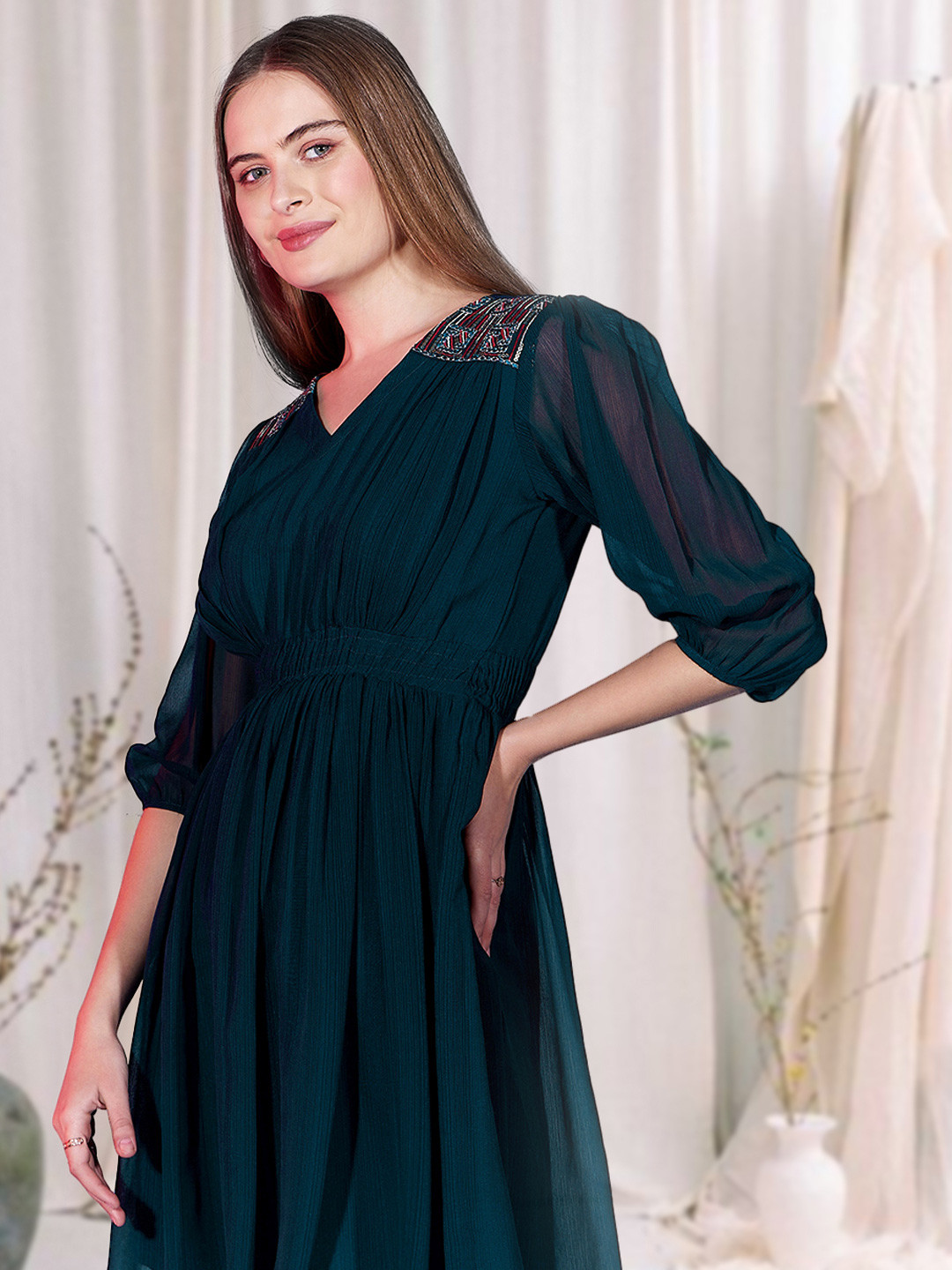 DressBerry Teal & White V-Neck Embroidered Georgette Fit & Flare Dress