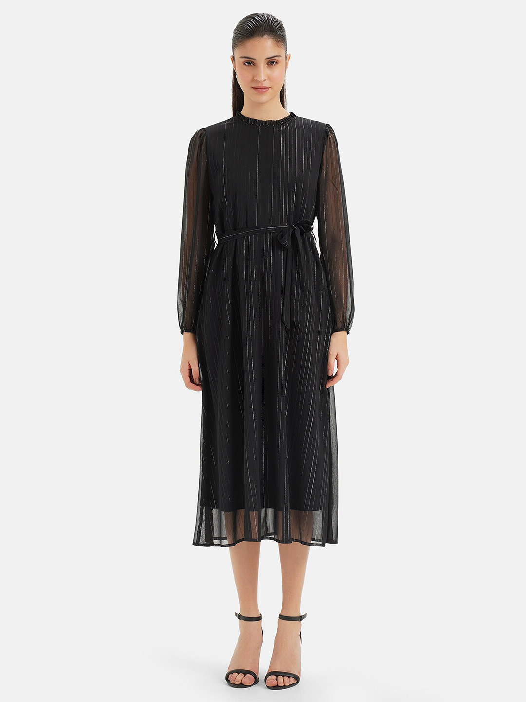 Kazo Self Design Round Neck Puff Sleeve Tie-Ups Formal A-Line Midi Dress