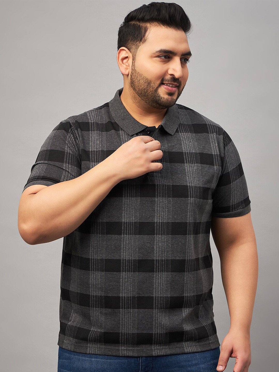 AUSTIVO Plus Size Checked Polo Collar Short Sleeves T-shirt