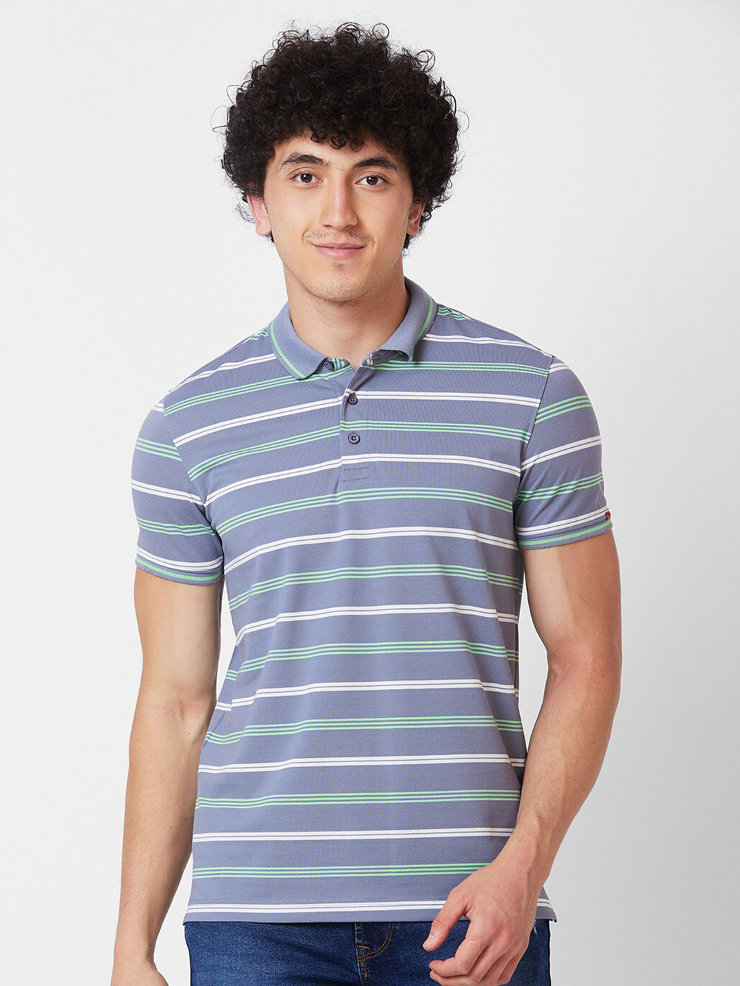 SPYKAR Polo Collar Short Sleeves Horizontal Striped Cotton Slim Fit T-shirt