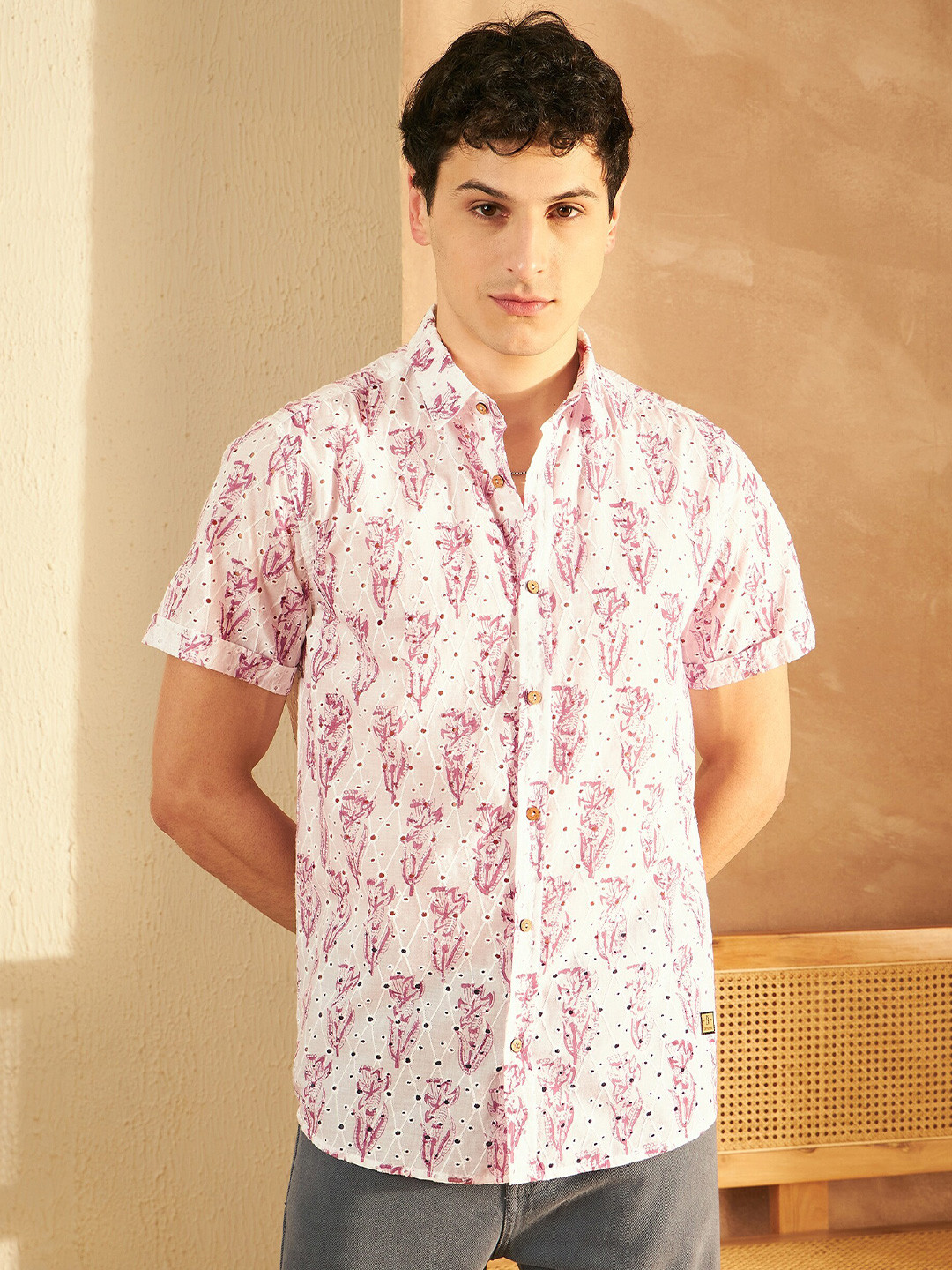 Self Design Block Printed Schiffli Cotton Oversized Casual Shirt