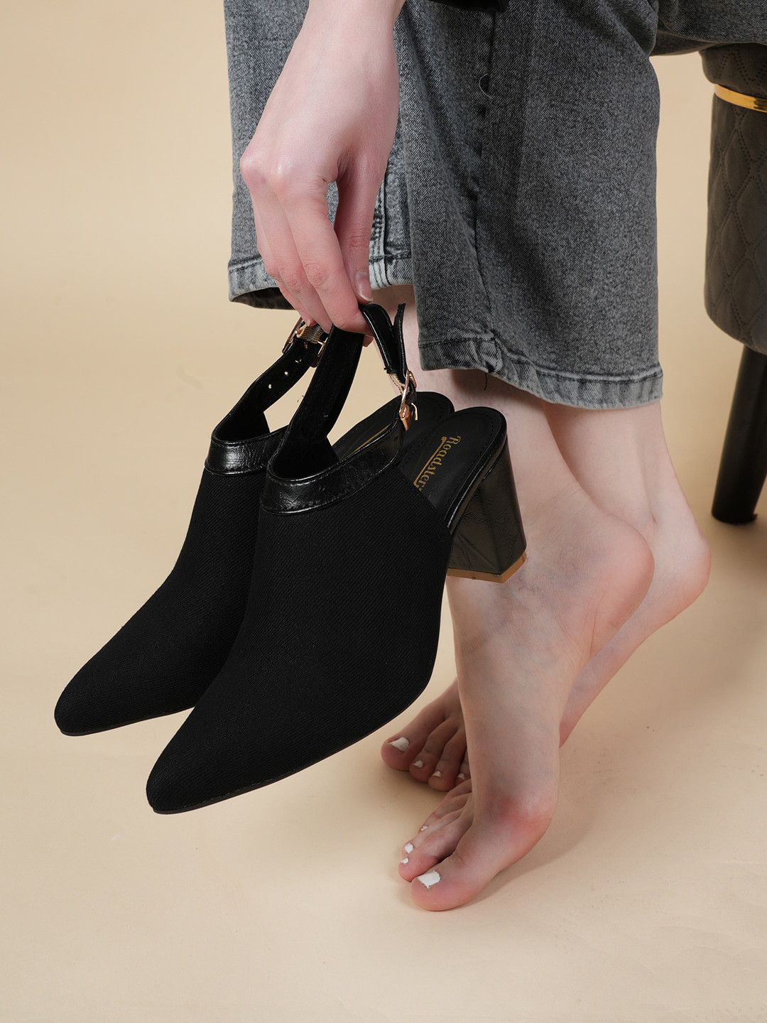The Roadster Lifestyle Co. Black Textured Pointed Toe Block Heel Sandals