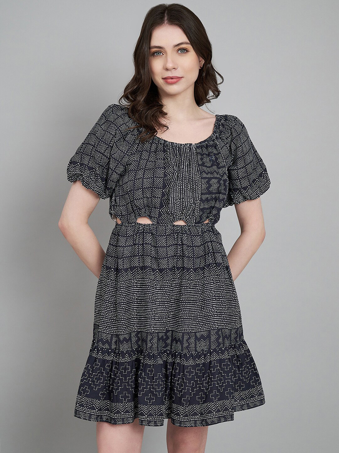 Amagyaa Abstract Print Round Neck Puff Sleeves Cotton A-Line Cut-Outs Dress