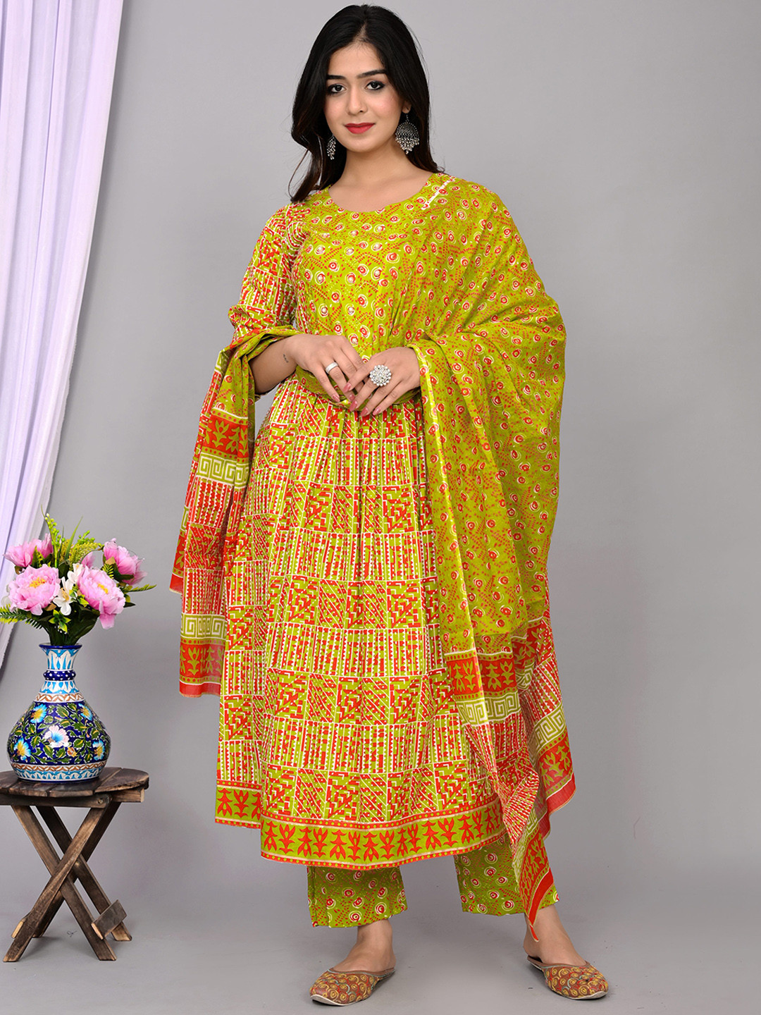 Bhoolft Floral Printed Empire Pure Cotton Mirror Work Kurta with Trousers &  Dupatta