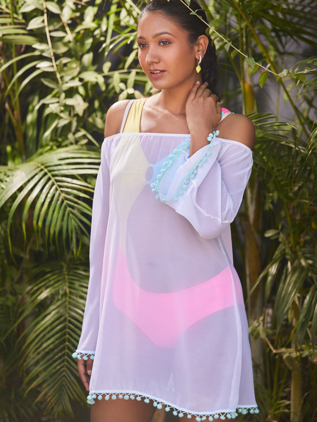 Soie Aqua Swimwear Full Sleeves Off Shoulder Pom-Pom Cover Up Dress