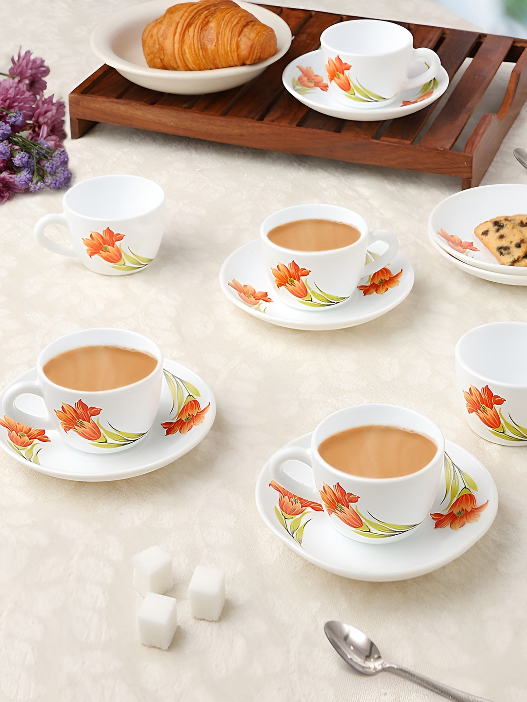 Larah by BOROSIL Iris 12 Pieces White & Red Printed Opalware Glossy Cups & Saucers 140 ml