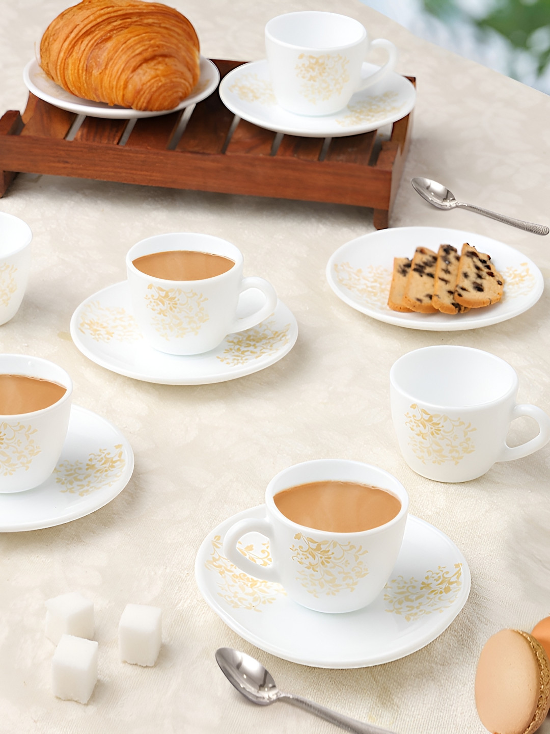 Larah by BOROSIL Ingot 12 Pieces White & Brown Printed Opalware Cups & Saucers 90 ml