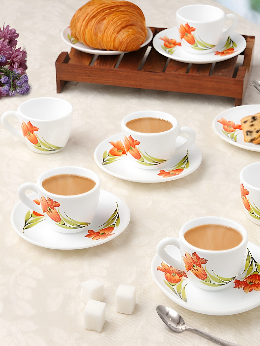 Larah by BOROSIL Iris 12 Pieces White & Red Printed Opalware Cups & Saucers 90 ml