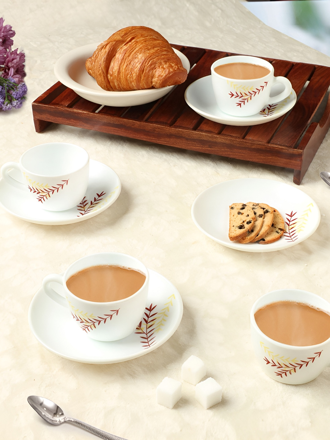 Larah by BOROSIL Oak 8 Pieces White & Brown Printed Opalware Glossy Cups & Saucers 140 ml