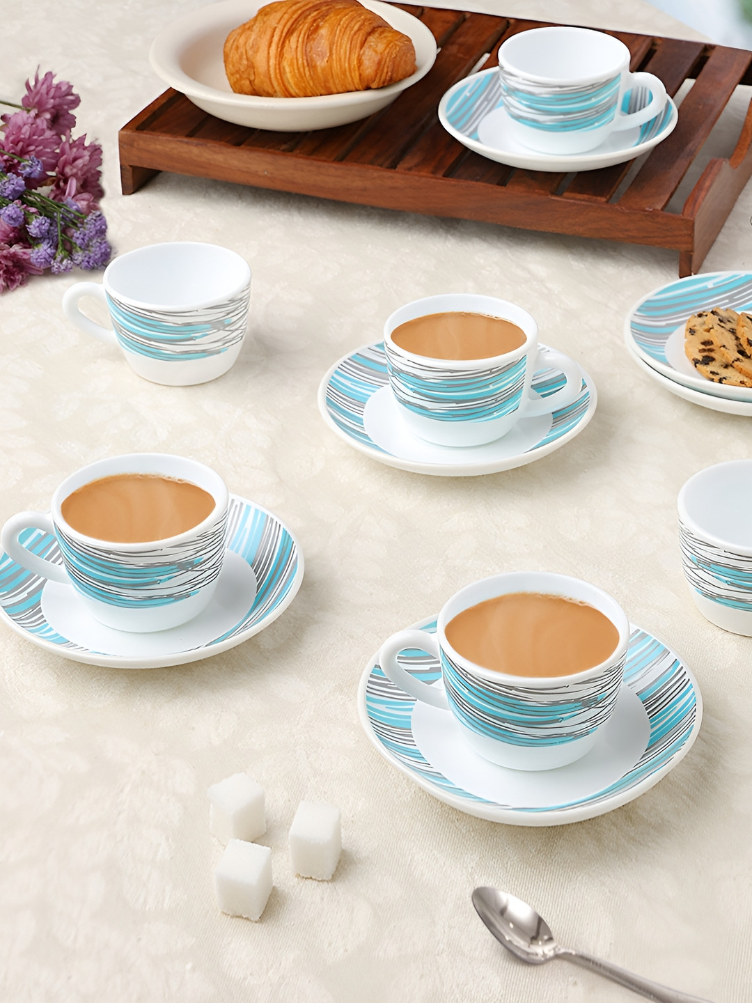 Larah by BOROSIL  Joy 12 Pieces White & Blue Printed Opalware Glossy Cups & Saucers 140 ml
