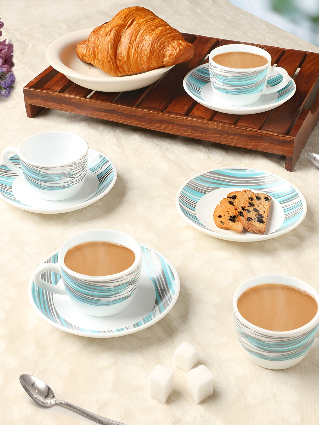 Larah by BOROSIL Joy 8 Pieces White & Green Printed Opalware Cups & Saucers 140 ml