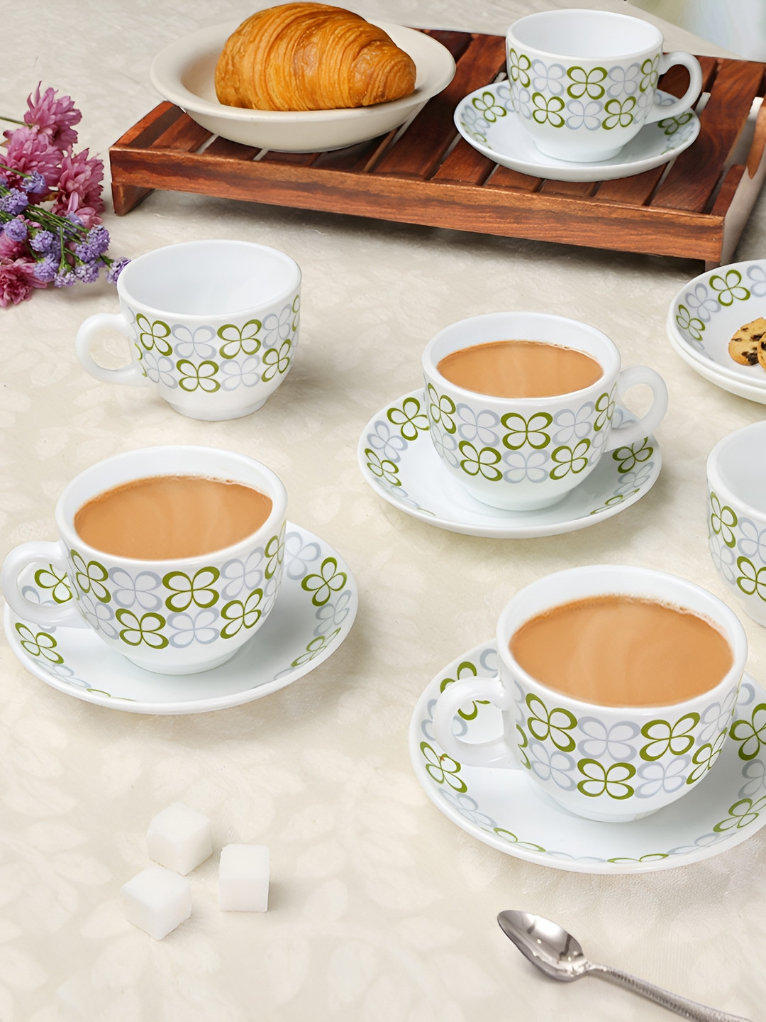 Larah by BOROSIL Sundrop 12 Pieces White Printed Opalware Glossy Cups & Saucers 120 ml