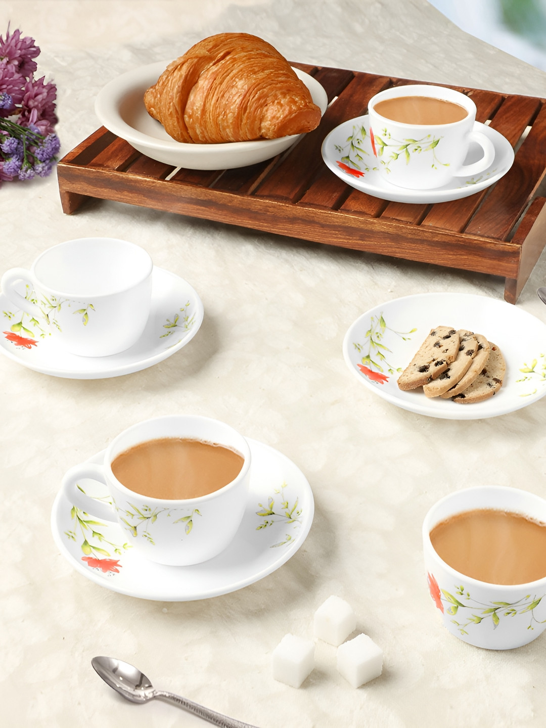 Larah by BOROSIL Oriental 8 Pcs White & Green Printed Opalware Cups & Saucers 140 ml