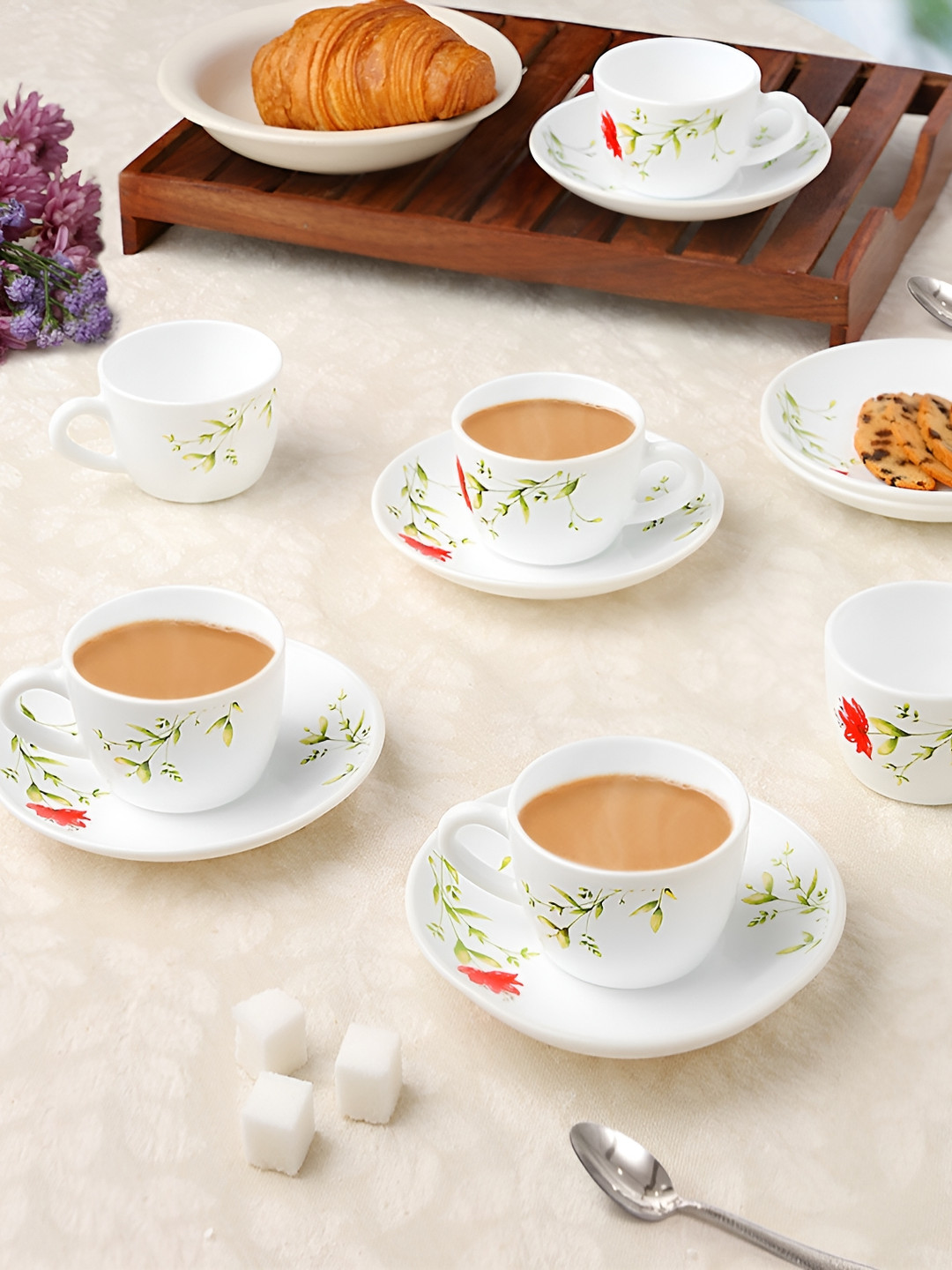 Larah by BOROSIL Oriental 12 Pcs White & Green Printed Opalware Cups & Saucers 140 ml