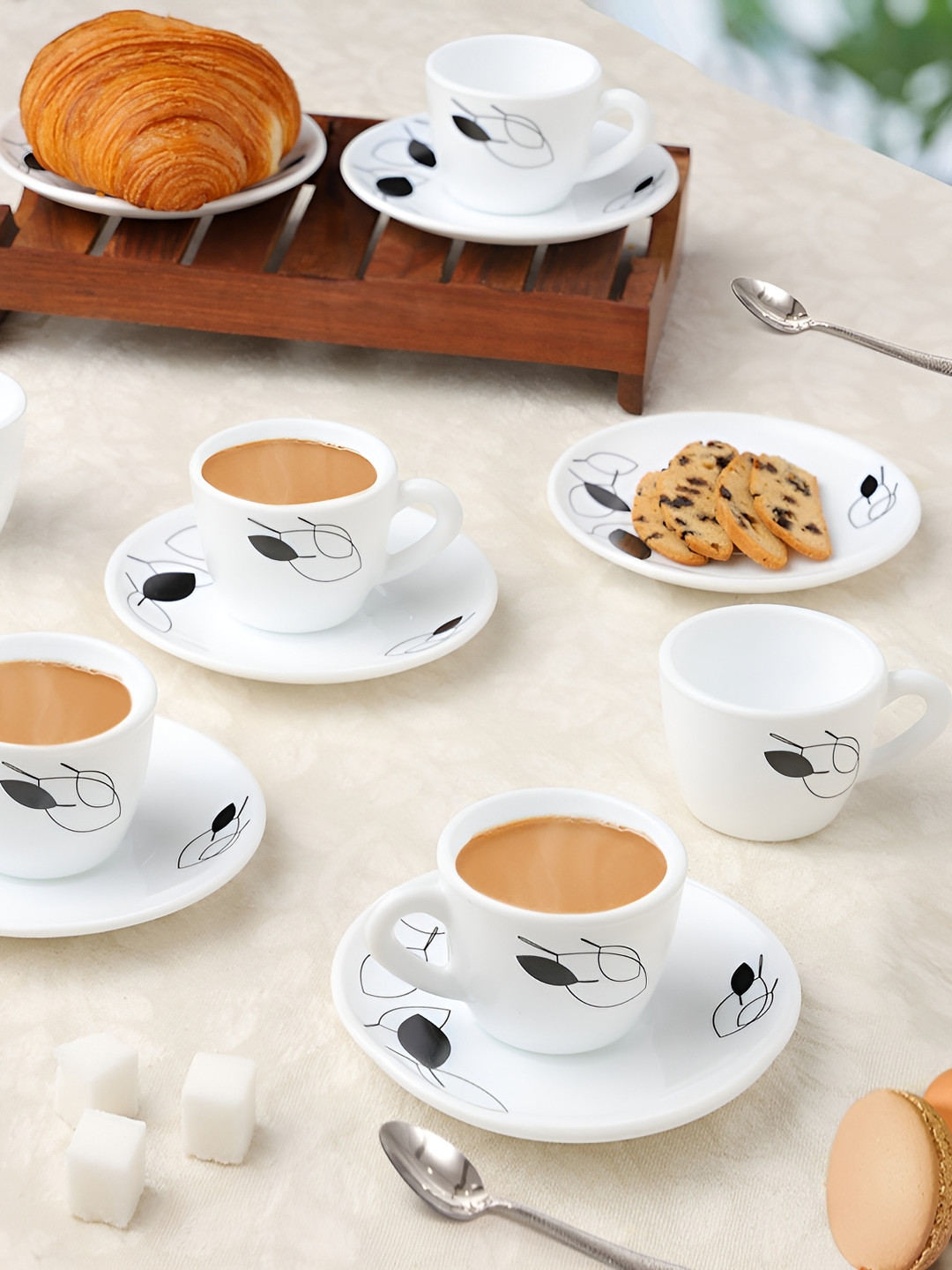 Larah by BOROSIL Shadow 12 Pcs White & Black Printed Opalware Glossy Cups & Saucers 90 ml