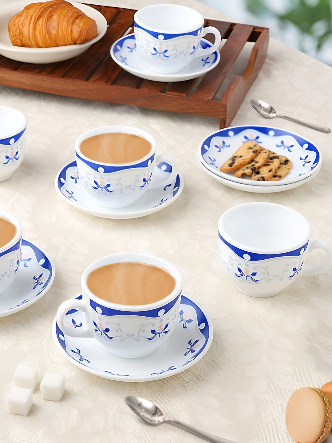 Larah by BOROSIL Royal 12 Pieces White & Blue Printed Opalware Cups & Saucers 120 ml