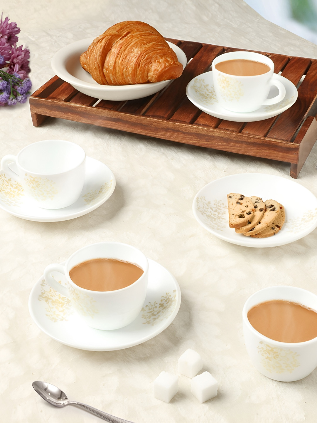 Larah by BOROSIL Ingot 8 Pieces White & Brown Printed Opalware Cups & Saucers 140 ml