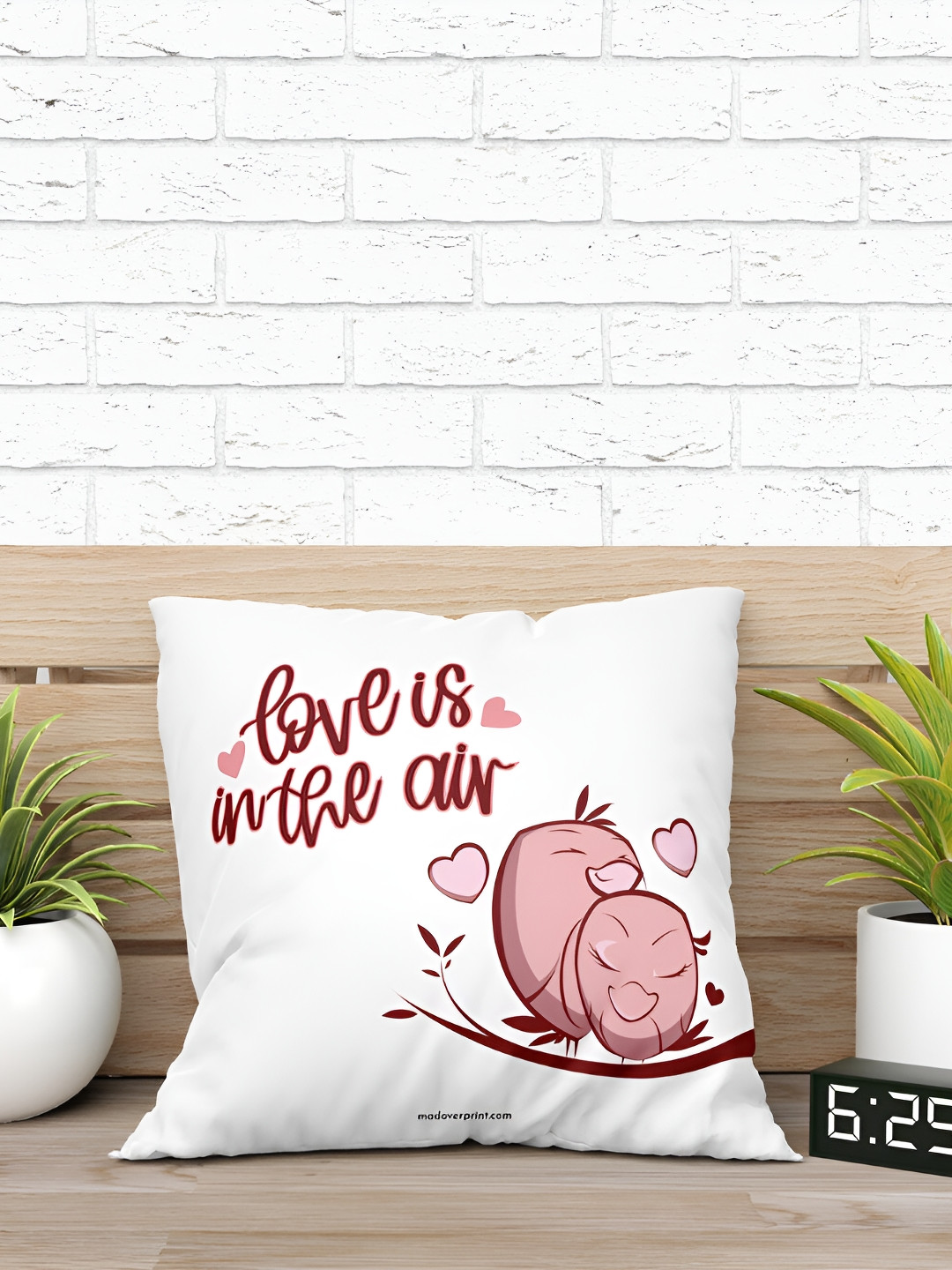 Mad Over Print White & Pink Love Is In The Air Printed  Filled Cushion