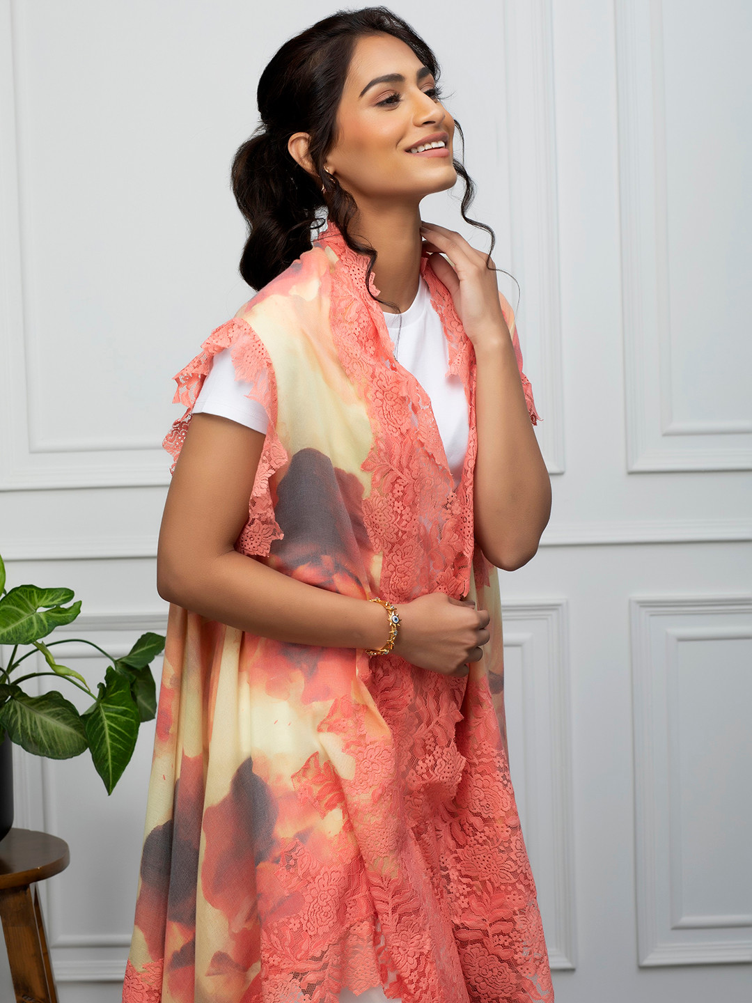 Rhe-Ana Floral Printed Lace Detail Modal Longline Open Front Shrug