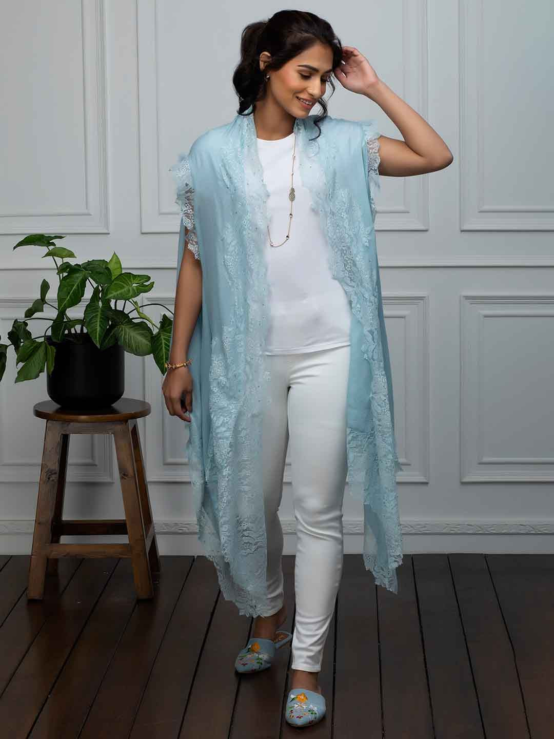 Rhe-Ana Self Design Embellished Woolen Longline Open Front Shrug