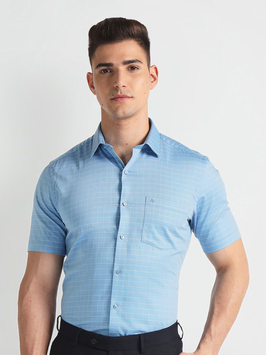 Arrow Checked Short Sleeves Pure Cotton Twill Formal Shirt