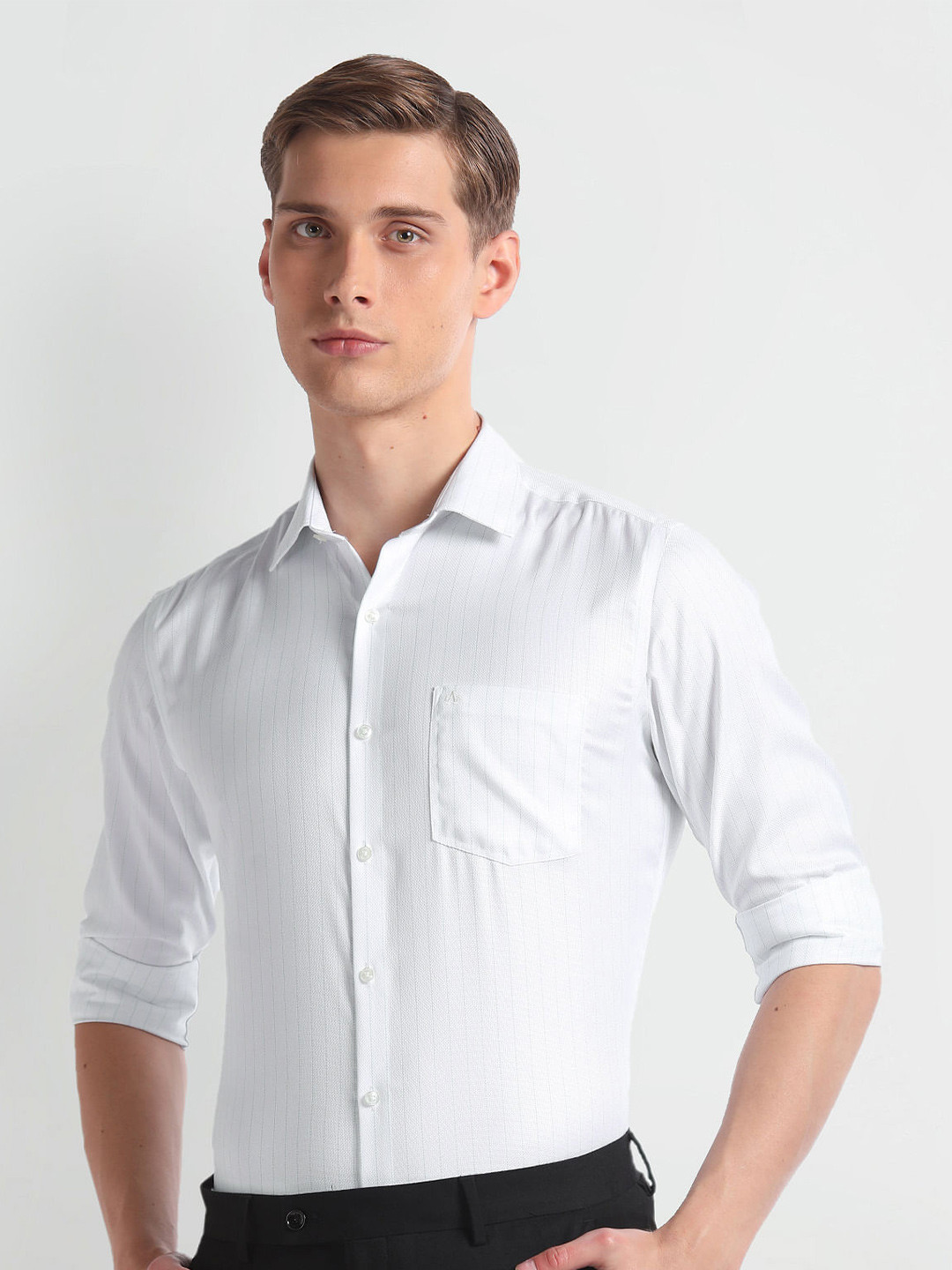 Arrow Long Sleeves Pure Cotton Vertical Stripe Auto Press Slim Fit Autopress Formal Shirt