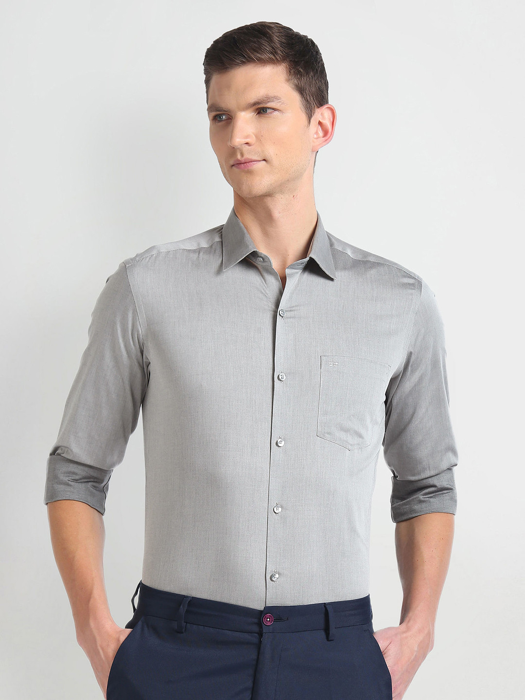 Arrow Self Design Spread Collar Heathered Twill Slim Fit Pure Cotton Autopress Formal Shirt