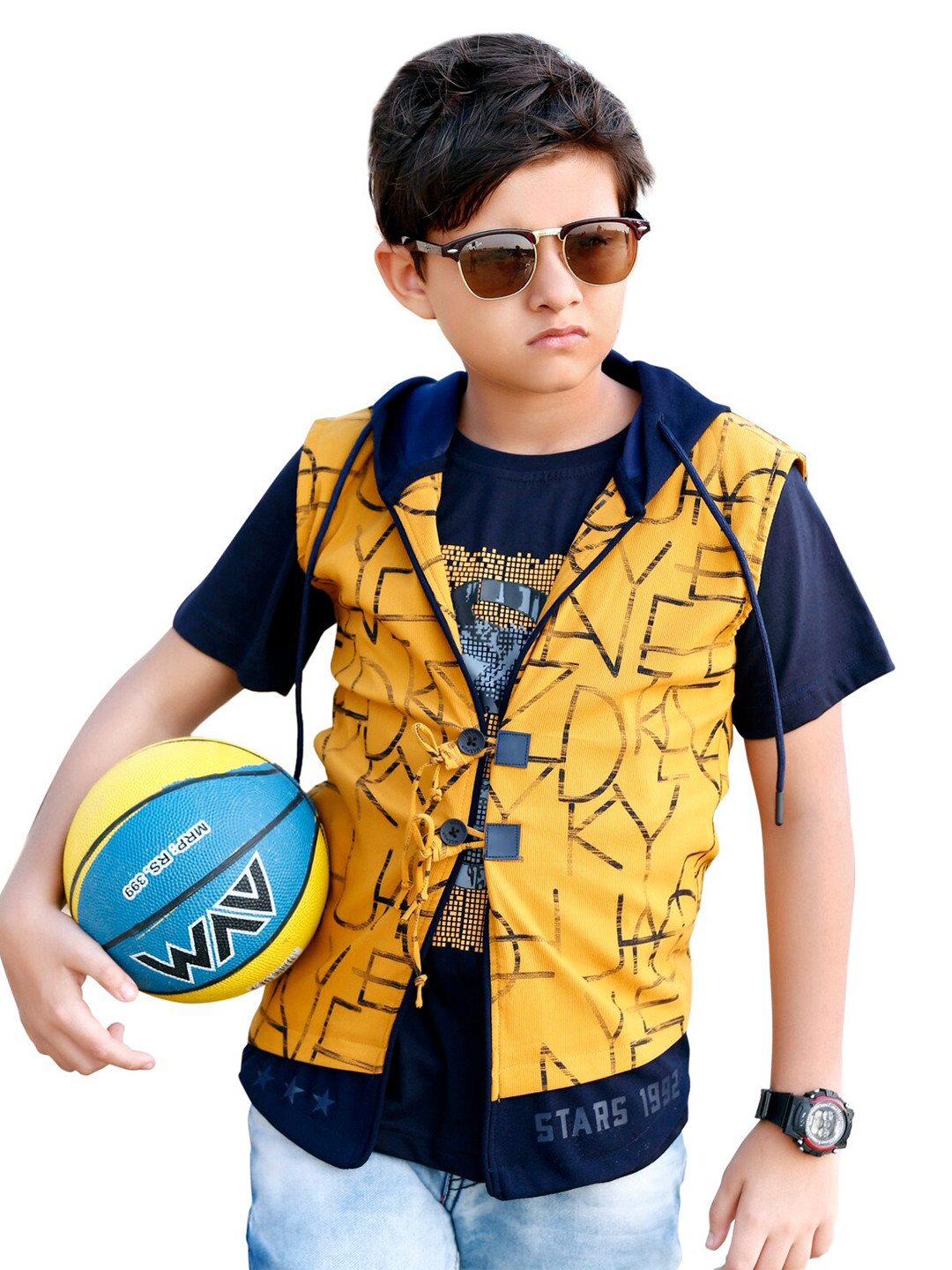 BAESD Boys Graphic Printed Cotton T-shirt With Hood Sleeveless Jacket