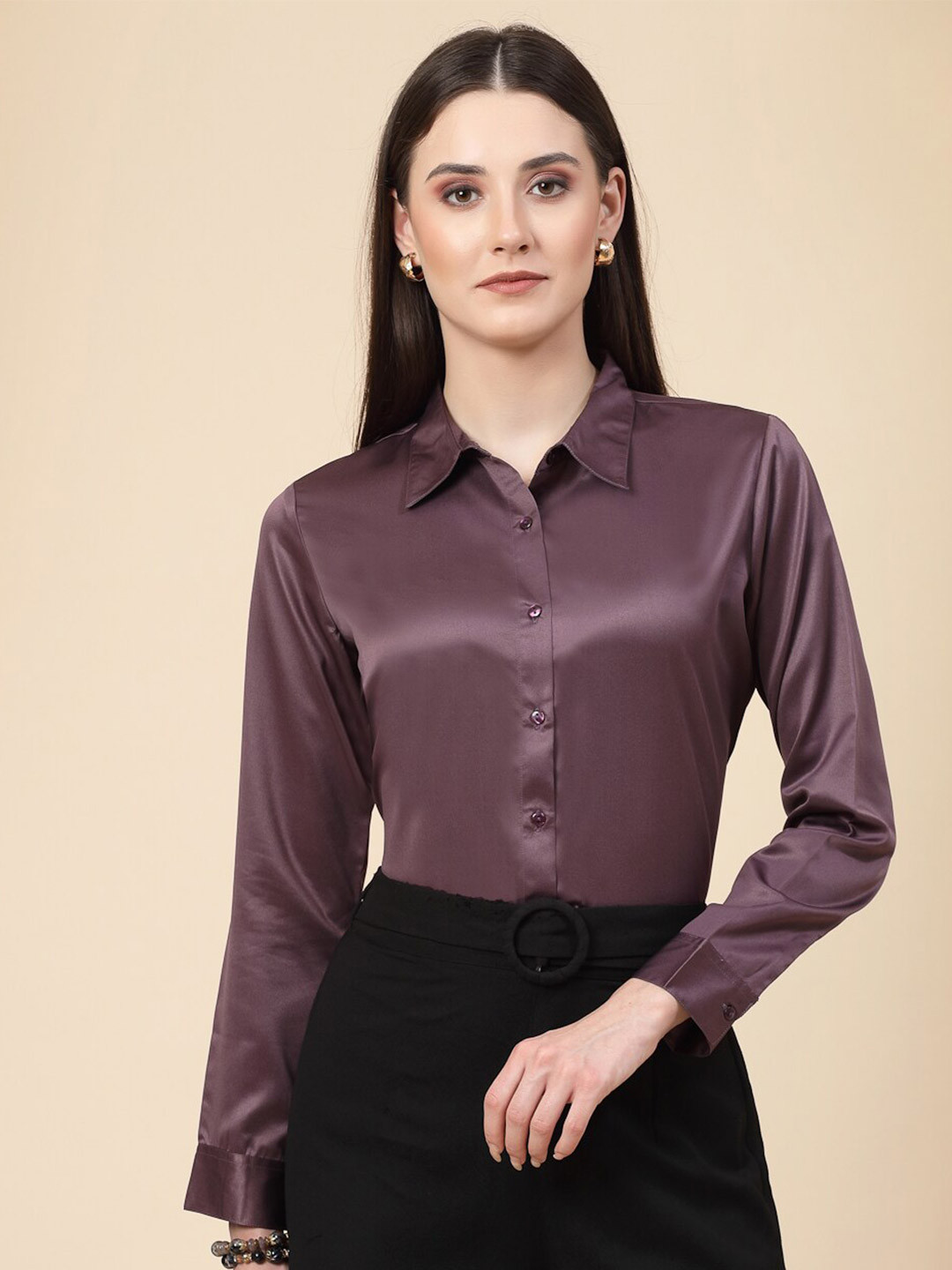 Style Quotient Mauve Spread Collar Smart Satin Formal Shirt