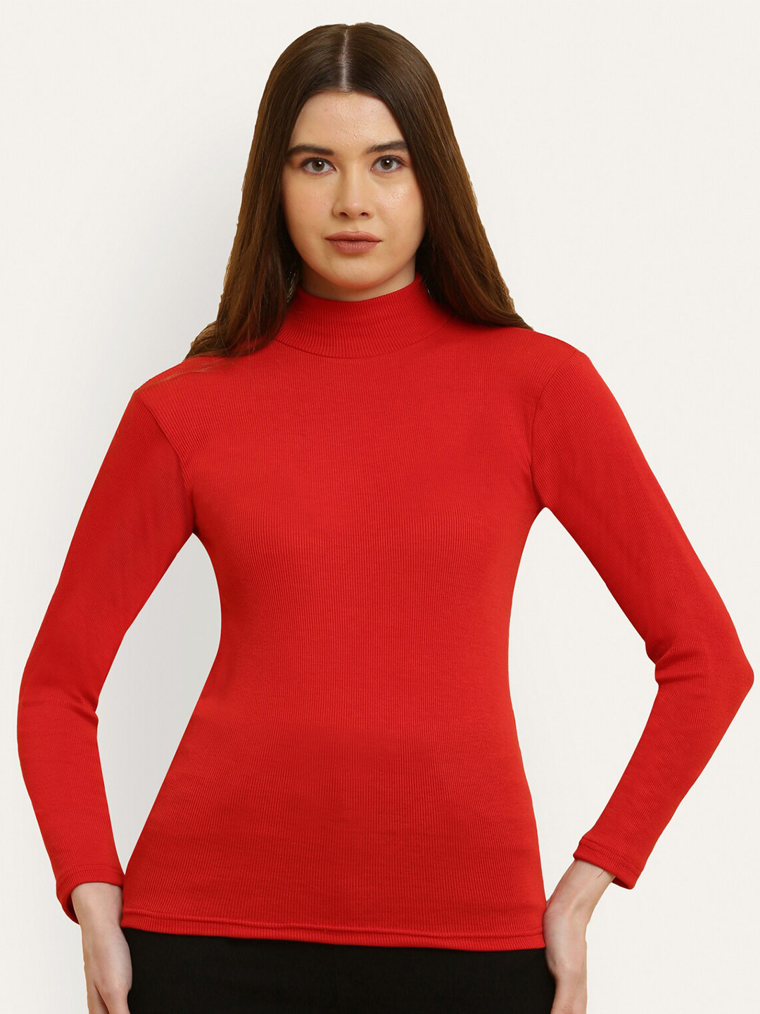 Miaz Lifestyle Self Design Striped High Neck Long Sleeves Cotton Top