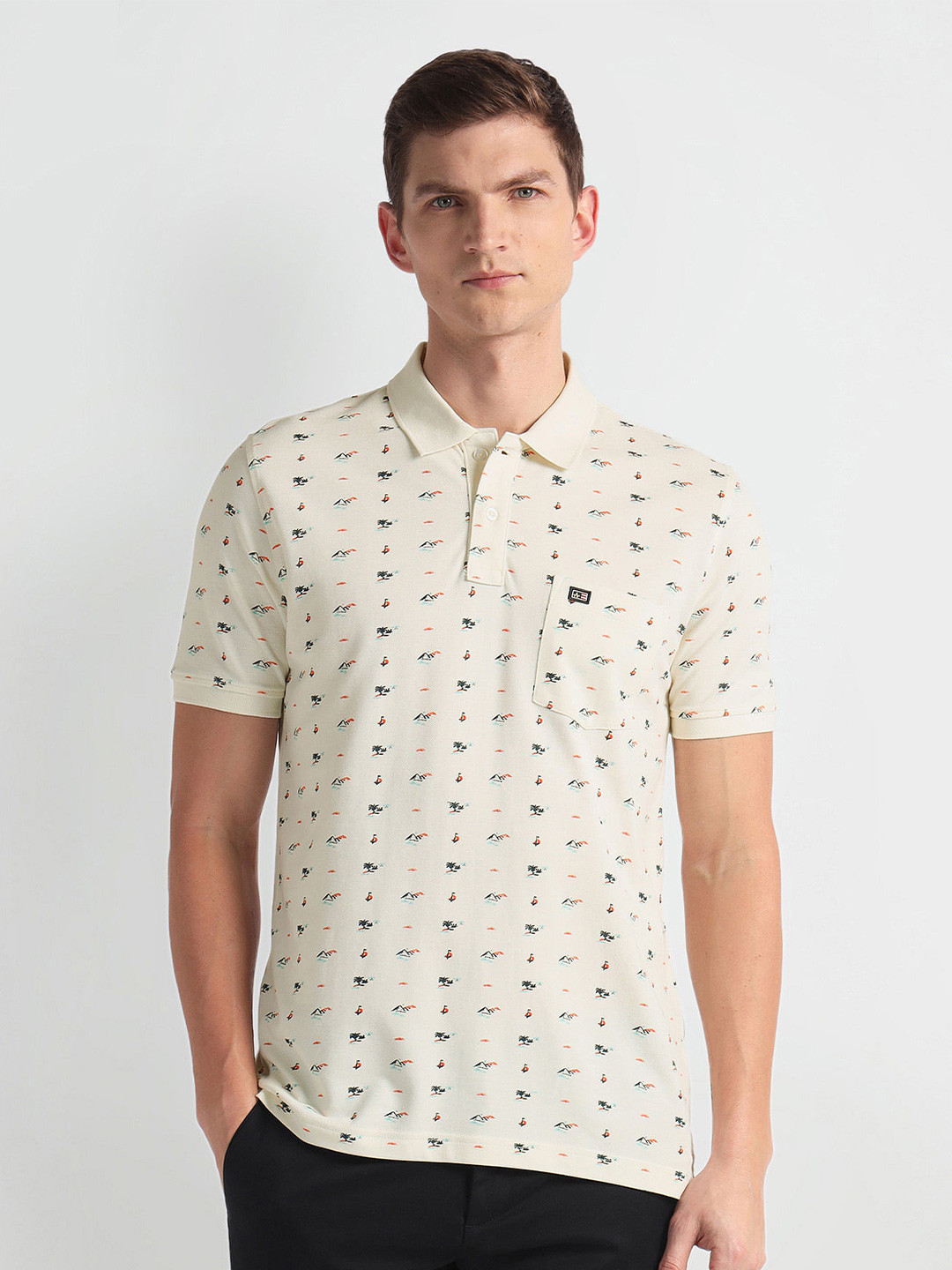 Arrow Sport Conversational Printed Polo Collar Half Sleeves Pockets T-shirt