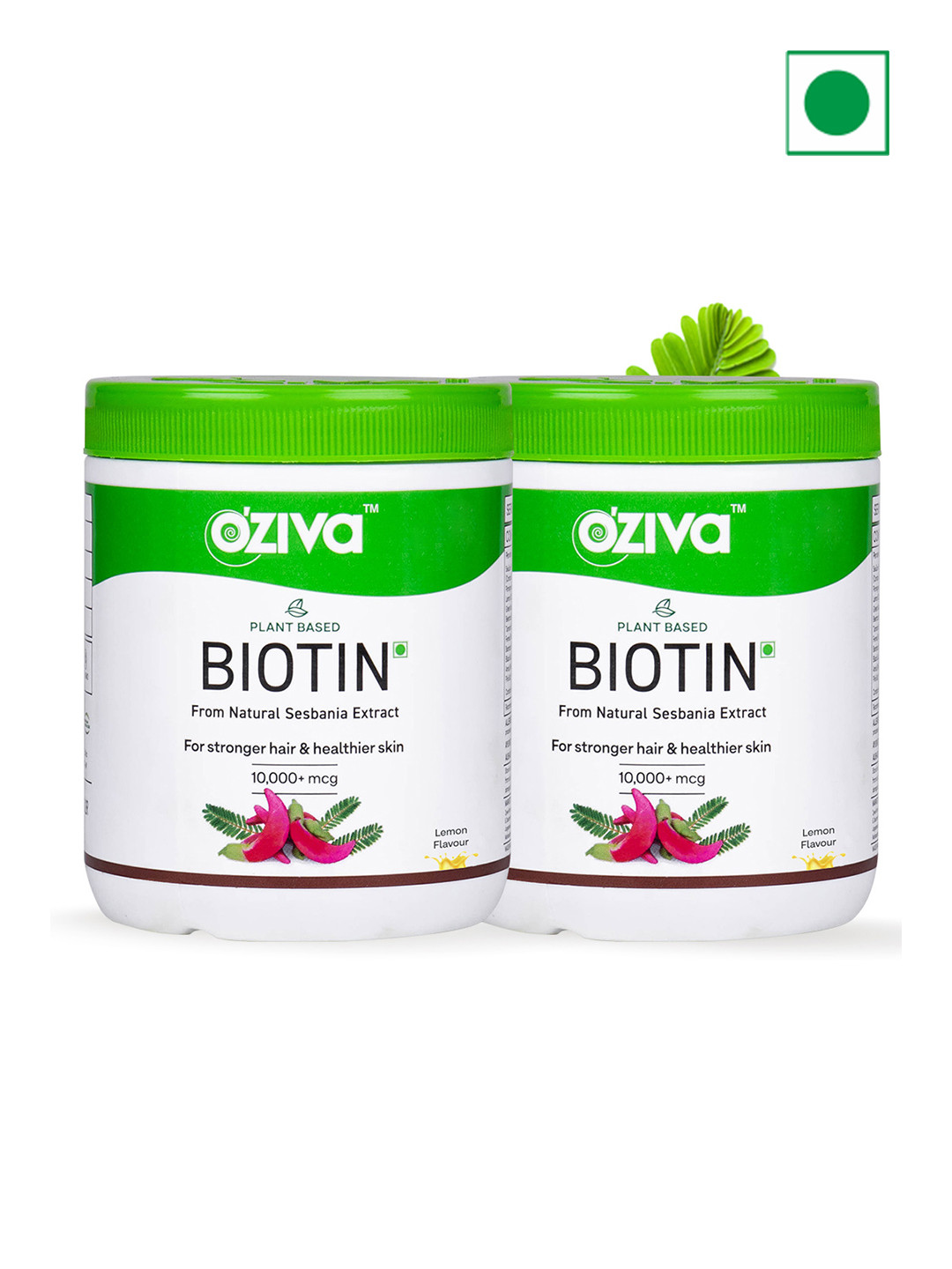 OZiva 2-Pcs Plant Based Biotin For Hair Growth - 125g Each - Lemon Flavor