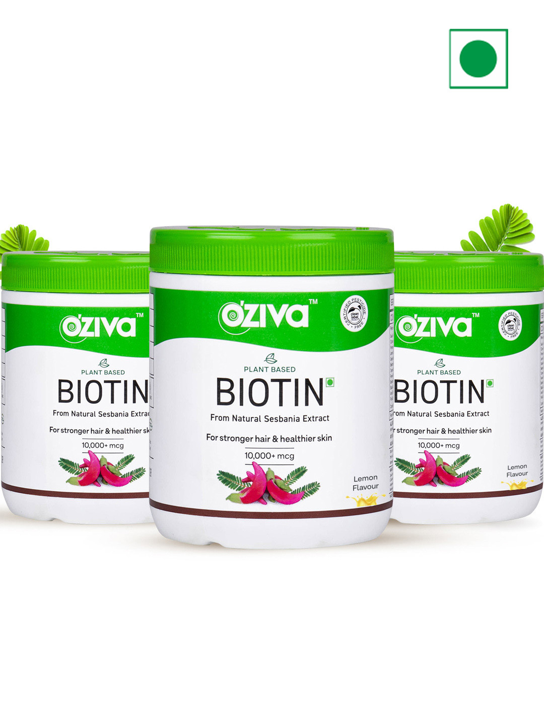 OZiva Set Of 3 Plant Based Biotin Powder For Hair Growth With Amla - Lemon - 125g Each