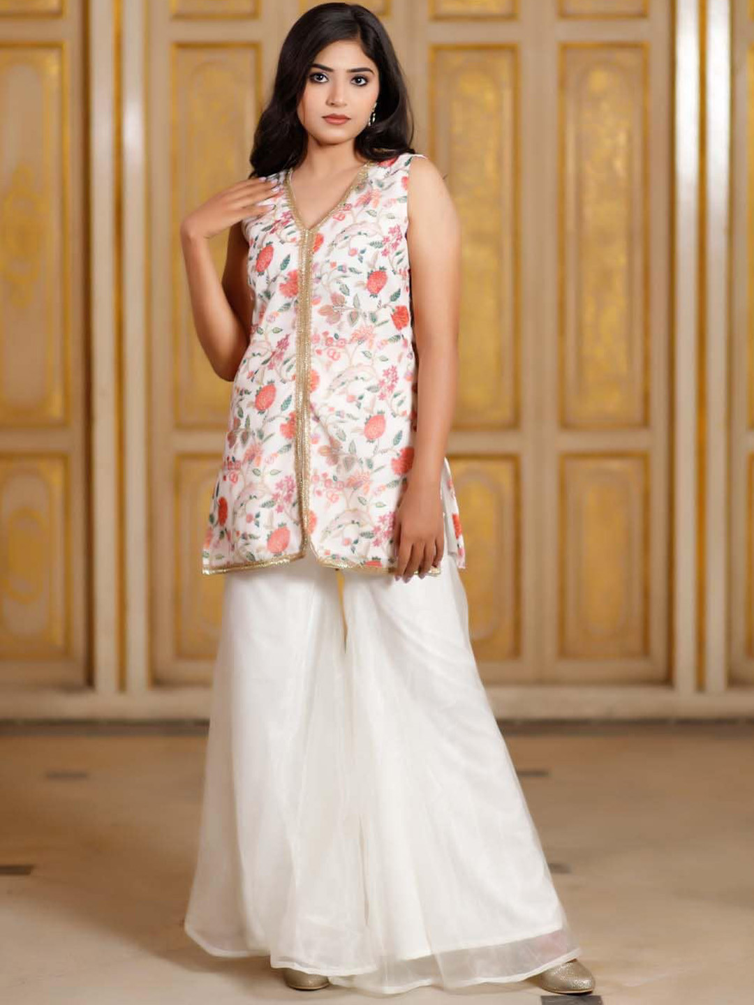 Salvia Sky Floral Printed V-Neck Thread Work Sleeveless Silk A-Line Kurta