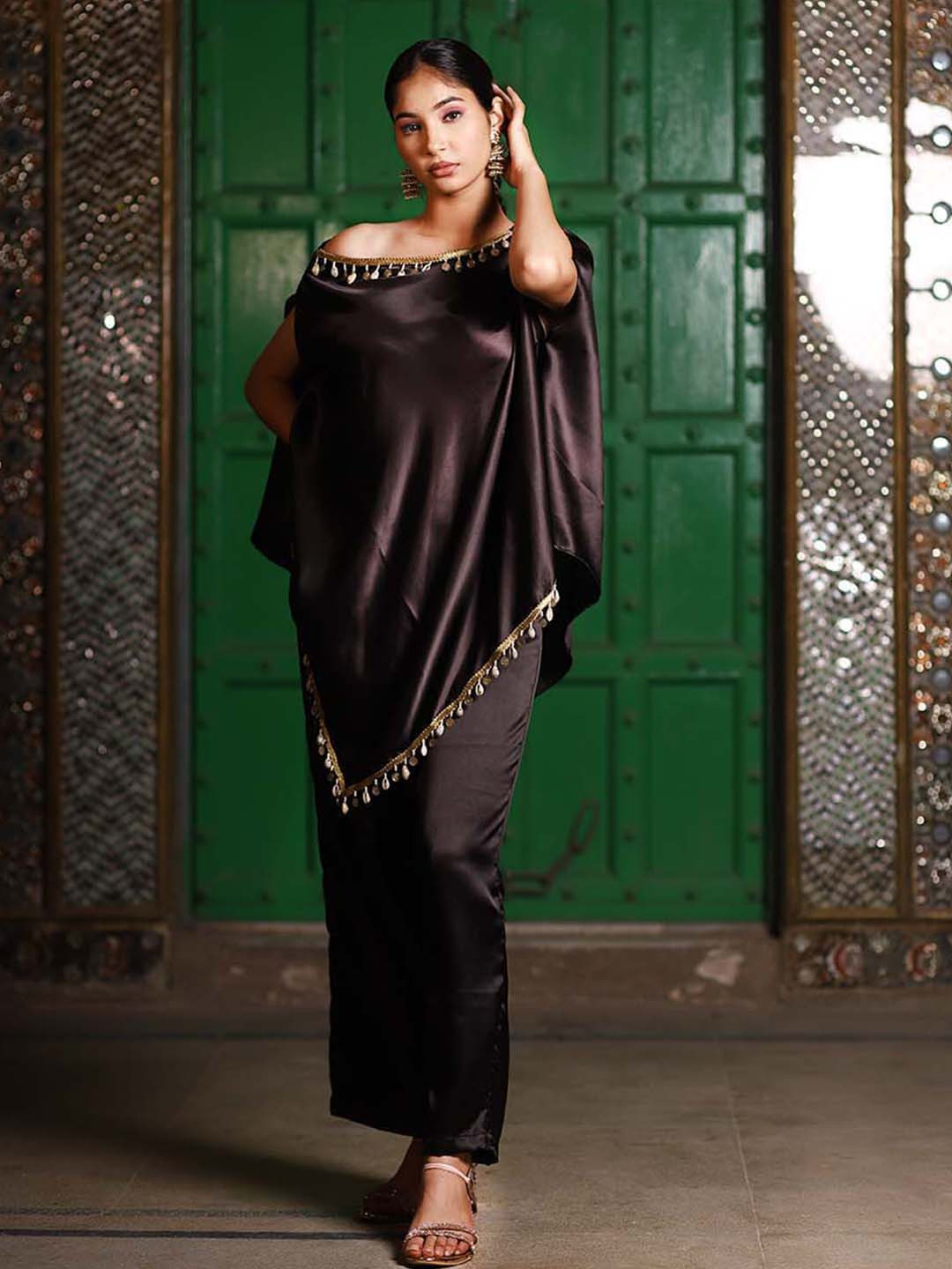 Salvia Sky One Shoulder Embellished Satin Tunic