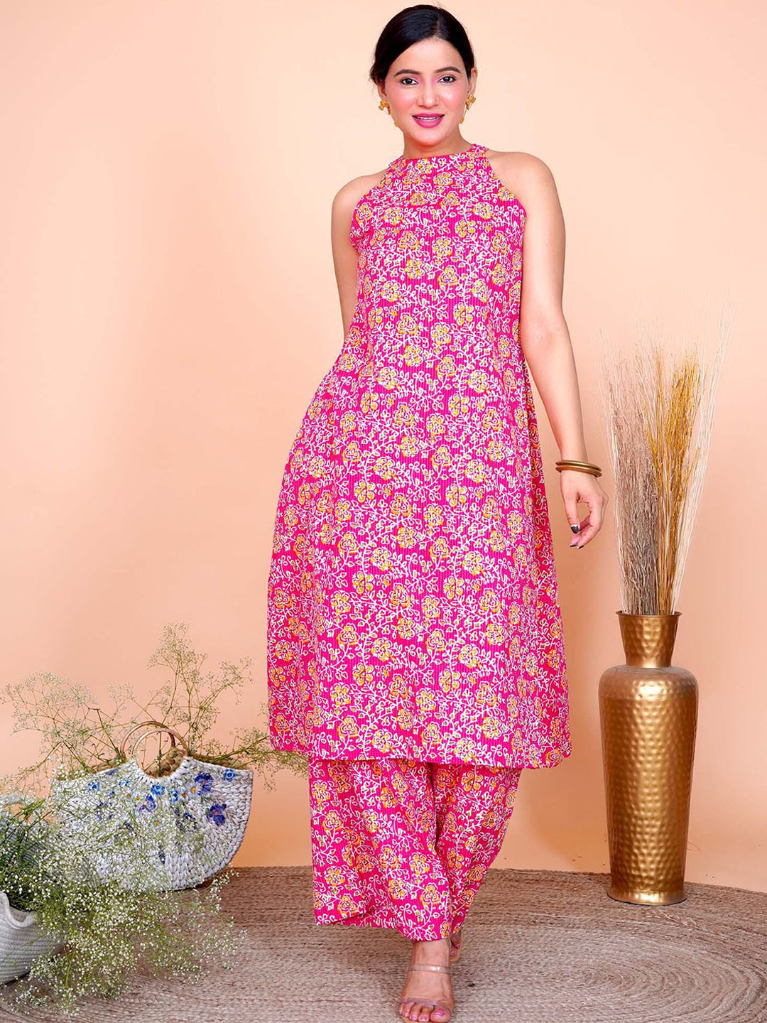 Salvia Sky Floral Printed Regular Pure Cotton Halter Neck A-Line Kurta with Palazzos