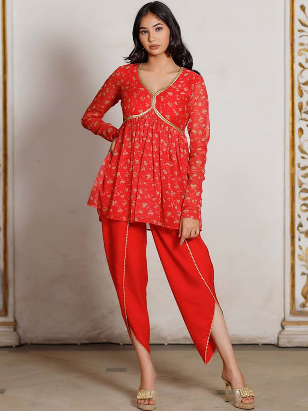 Salvia Sky Floral Printed Empire V-Neck Gotta Patti A-Line Kurti With Dhoti Pants