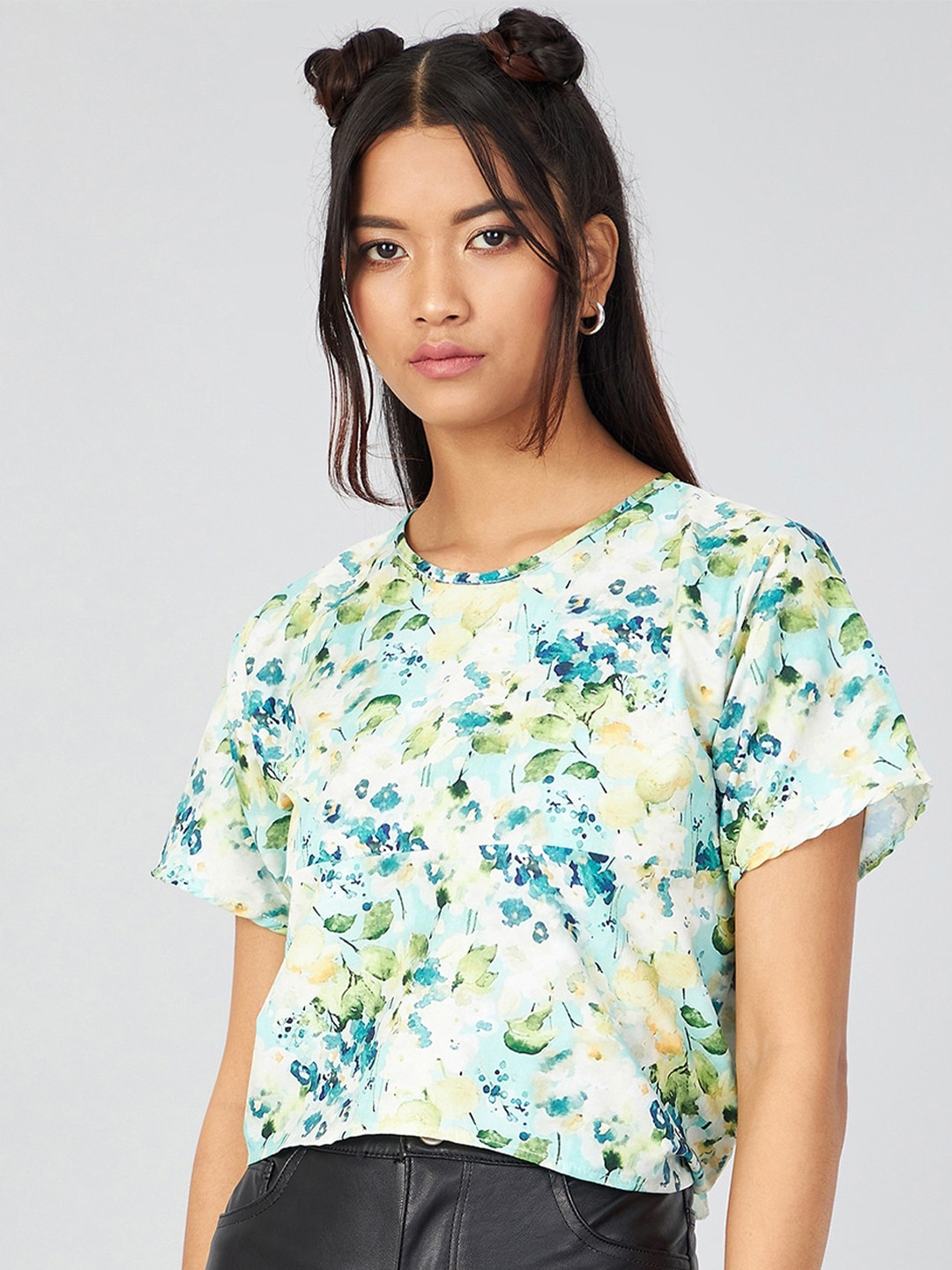 CHIMPAAANZEE Floral Printed Round Nek Tie-Ups Boxy Top