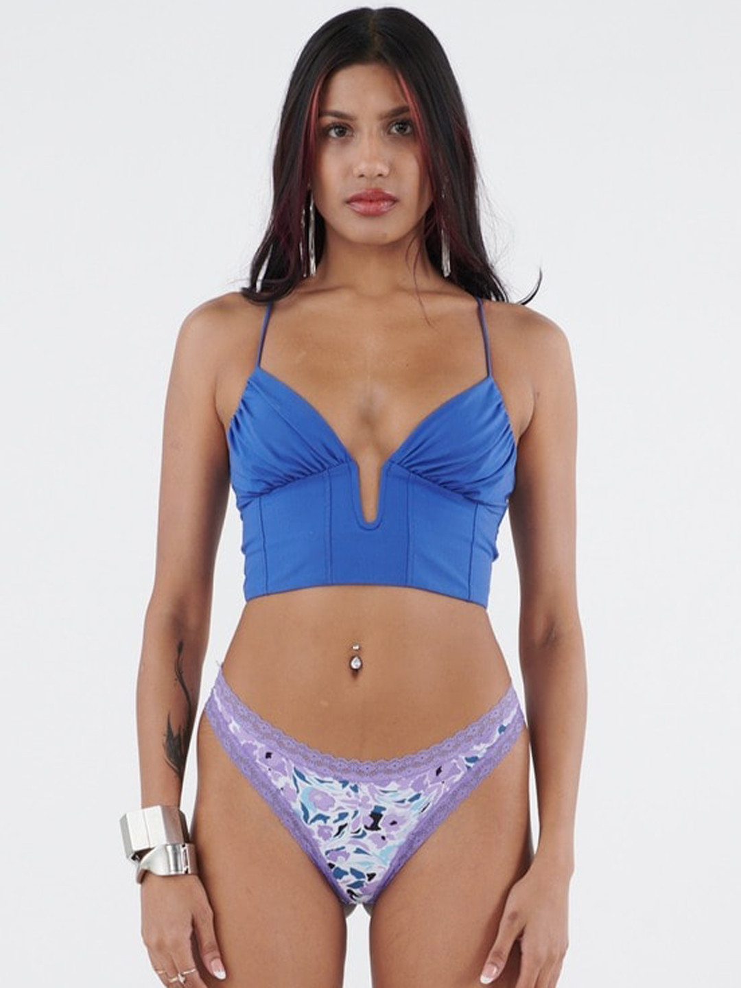 Big Little Lemons Floral Printed Laced Mid-Rise Thong Brief