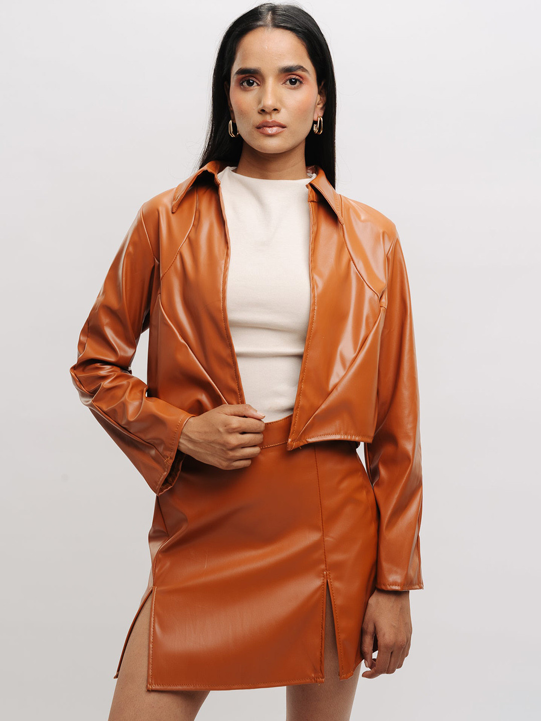 FREAKINS Tan Brown Spread Collar Pure Cotton Leather Open Front Jacket