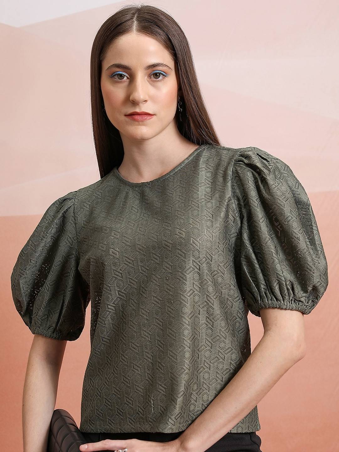 Tokyo Talkies Dusty Olive Self Design Round Neck Puff Sleeves Crochet Top